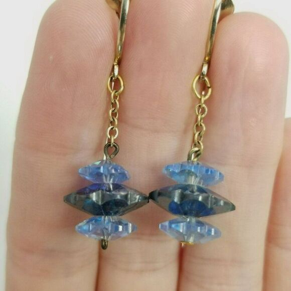 Vintage Blue Beaded Dangle Clip On Earrings, Gold Tone Setting, Lightweight - Picture 1 of 5